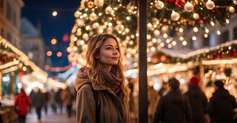  As the evening unfolds, a young lady strolls through the Christmas market adorned with festive lights, immersing herself in the enchanting ambiance of winter holidays