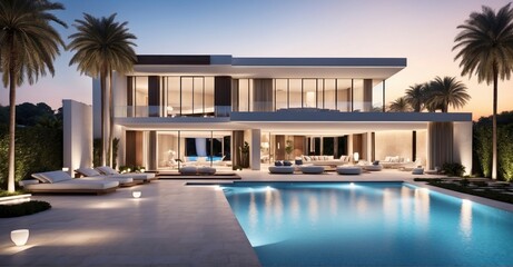 Fototapeta premium High-end residence featuring a dawn-lit pool, modern villa design, lavish hotel with resort-style allure, captivating interior and exterior, stunning backyard perspective