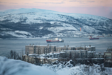 View of the Kola Bay on a February evening. Murmansk, Russia
