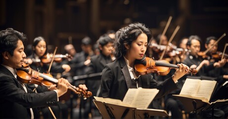  Images capturing the symphony orchestra during a classical music performance, showcasing the...