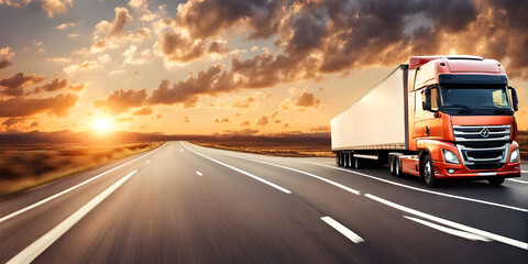 cargo truck on the road at sunset. banner with copy space.