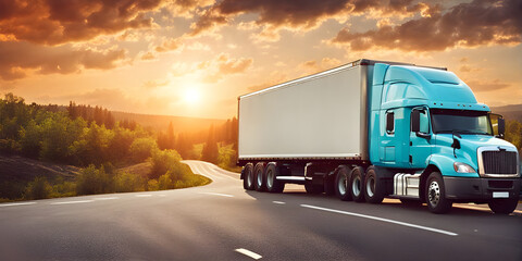 cargo truck on the road at sunset. banner with copy space.