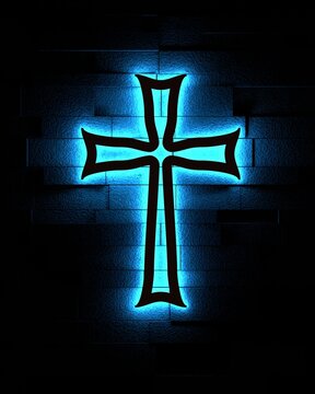 Neon shine christian cross on brick wall. Religion concept illustration. 3D render