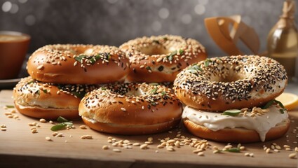 "Three Sesame Seed Bagels: A Hyperrealistic Stock Photo