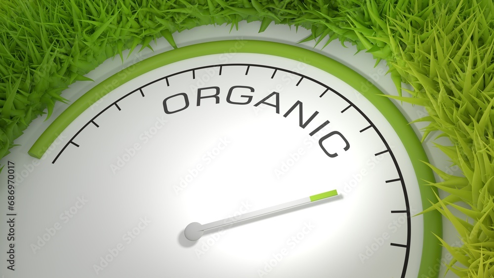 Poster organic word with measuring device with arrow and scale. green grass. 3d render