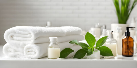 Fototapeta na wymiar Toiletries, soap, towel and green plant on blurred white bathroom spa background.