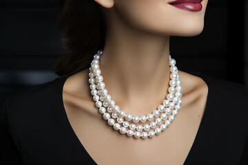 Caucasian beauty wearing several white pearl necklaces - obrazy, fototapety, plakaty