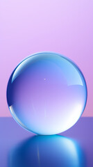 Blue and purple bubble ball on translucent surface in abstract minimalist form, light white and light purple, soft and dreamy depiction