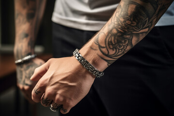 Man wearing a steel bracelet , male jewelry concept image