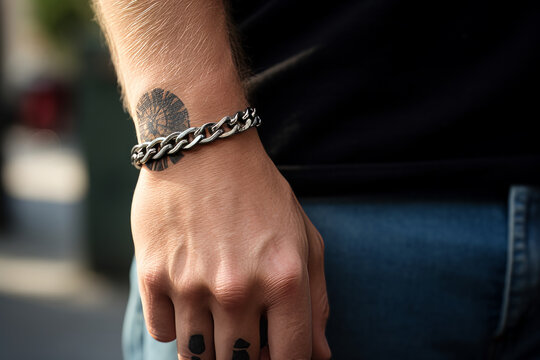 Man wearing a steel bracelet , male jewelry concept image