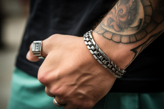 Man wearing a steel bracelet , male jewelry concept image