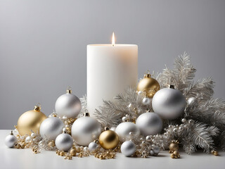 Christmas decoration with candles, golden and silver balls elements  