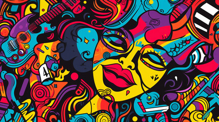 Large Pop Art Vector Design Featuring Diverse Portraits, Musical Instruments, and Eclectic Random Objects