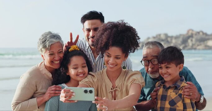 Big family selfie, grandparents or happy kids in beach, sea or ocean on holiday vacation together. Mom, dad or children taking pictures to relax for love or online photo with grandma or grandfather