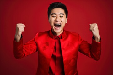 Photo happy chinese new year. handsome asian man gesture of congratulation, one color background, copy space, generative ai