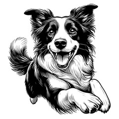 Happy Border Collie jumping. Hand Drawn Pen and Ink. Vector Isolated in White. Engraving vintage style illustration for print, tattoo, t-shirt, sticker