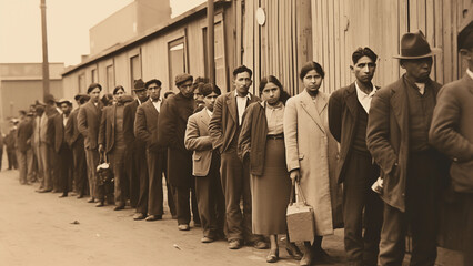 Black and white photo of people waiting in line to immigrate in the early 1900s