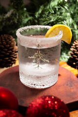 Snow Globe Cocktail. Christmas drink, creative festive beverage in drink glass decorated with rosemary sprig like a christmas pine tree and citrus slice.