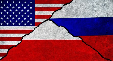 USA, Russia and Poland flag together on a textured wall. Relations between Russia, Poland and United States of America