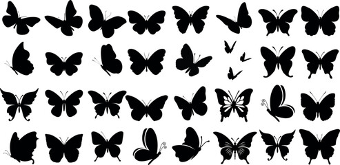 Butterfly Silhouettes Vector Illustration set, showcases a collection of butterfly silhouette , butterflies are perfect for backgrounds, patterns, and designs. ethereal display of flying insects - obrazy, fototapety, plakaty
