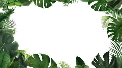 Tropical leaves. Green forest plants. and exotic flowers, natural frames, banana leaves and monstera, jungle coconut trees, poster with space for text. On a transparent background. Isolated.