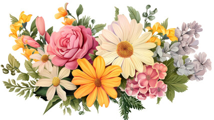 Seamless flowers retro flower bouquet Colored cartoon style for web design. On a transparent background. Isolated.
