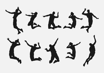set of male volleyball player silhouettes. athlete doing jump spike. various different pose, gesture. vector illustration.
