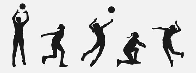 set of silhouettes of five female volleyball athlete with different pose, gesture, movement. isolated on white background. vector illustration. - obrazy, fototapety, plakaty