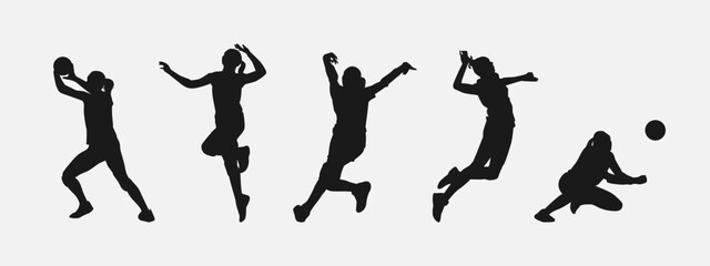 set of silhouettes of five female volleyball athlete with different pose, gesture, movement. isolated on white background. vector illustration.