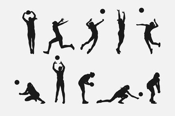 set of silhouettes of female volleyball athlete with different pose, gesture, movement. isolated on white background. vector illustration.