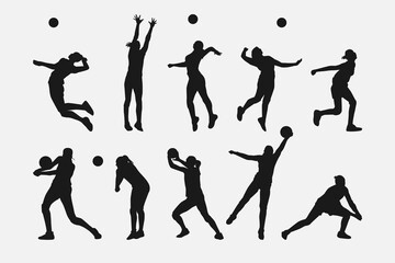 set of silhouettes of female volleyball athlete with different pose, gesture, movement. isolated on white background. vector illustration. - obrazy, fototapety, plakaty