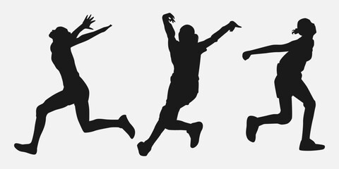 silhouette set of female volleyball athletes preparing to make a jump. isolated on white background. vector illustration.