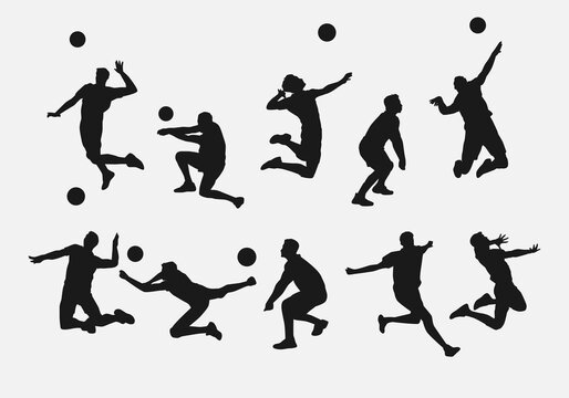 set of male volleyball player, athlete silhouettes. various different pose, gesture. vector illustration.