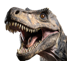 close up portrait of t rex dinosaur with roaring expression, isolated on transparent background, generative ai
