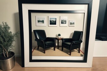 Interior design mockup with picture frame on a Wall. Living room in colors with sofa and painting.