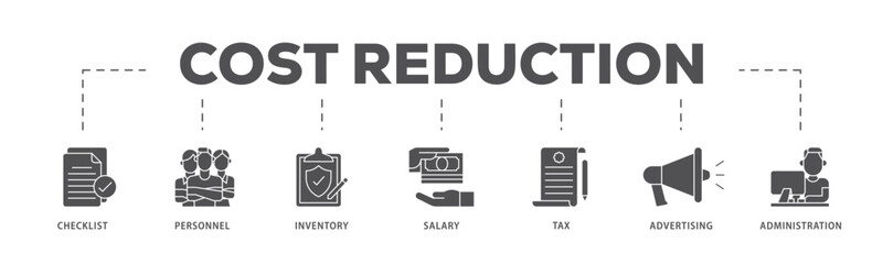 Cost reduction infographic icon flow process which consists of checklist, personnel, inventory, salary, tax, advertising and administration icon live stroke and easy to edit 