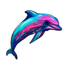 Illustration of a rainbow dolphin on a white background. Dolphin animal in tattoo style for postcards, prints, children's illustrations, tattoo, animal © Anastasiia