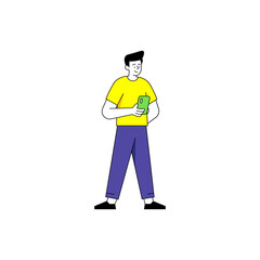 Standing man holding a phone vector illustration.