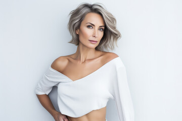 Fototapeta premium Portrait of a beautiful middle aged woman with copyspace clean background