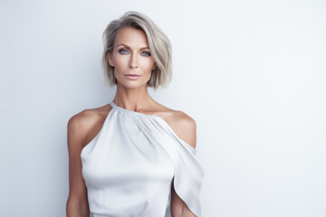 Portrait of a beautiful middle aged woman with copyspace clean background