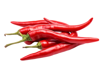 Foto op Plexiglas a bunch of red hot chili peppers isolated on a transparent background, organic ripe chili's PNG © graphicbeezstock