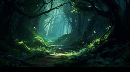 featuring a lush forest with leaves in shades of emerald and jade, dappling the sunlight.