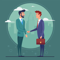 Two successful businessmen making deal vector illustration. Men in formal clothes shaking hands after signing agreement. Business, partnership, contract concept
