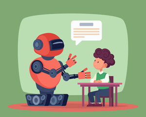 School boy at desk listening to robot vector illustration. Robot teacher answering little boys questions. Artificial intelligence, modern technology in education concept
