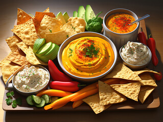 Party appetizers with lentil puree, vegetables, toast and tortilla chips. Generative Ai