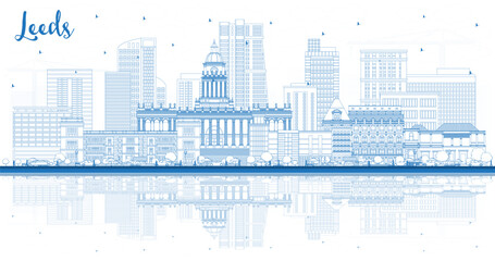 Outline Leeds UK City Skyline with Blue Buildings and reflections. Leeds Yorkshire Cityscape with Landmarks. Business Travel and Tourism Concept with Historic Architecture.