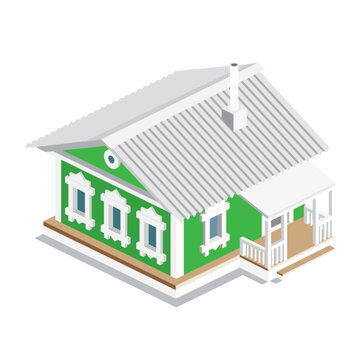 Isometric Old Russian Rural House. Green Building Isolated On White Background. Traditional Authentic Architectural Style.