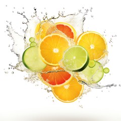 a group of fruit slices splashing into water