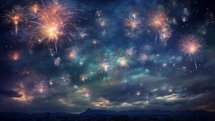 Fototapeta na wymiar A wonderful fireworks display among the stars in a suburban night sky.
