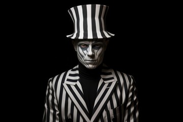 A Man in a striped Suit & Hat with Black & White Optical Illusion Face Painting Against a Black Background. Creepy man staring with an intense expression with asymmetrical monotone face painting